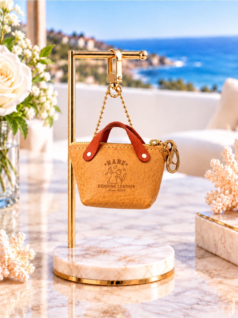 Tan Leather Women's Bag Keychain